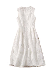 Floral Lace Eyelet Fit-and-Flare Midi Dress in White