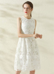 Floral Lace Eyelet Fit-and-Flare Midi Dress in White