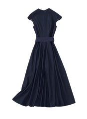 Meghan Cap Sleeved Belted Fit-and-Flare Midi Dress in Navy