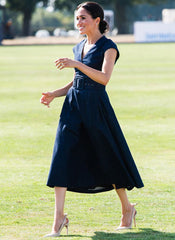 Meghan Cap Sleeved Belted Fit-and-Flare Midi Dress in Navy