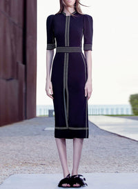 Mandarin Collar Fitted Vintage Midi Tea Dress in Black