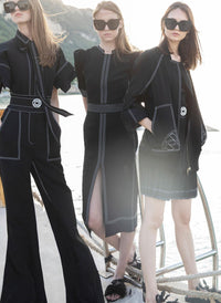 Mandarin Collar Fitted Vintage Midi Tea Dress in Black