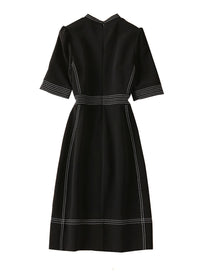 Mandarin Collar Fitted Vintage Midi Tea Dress in Black