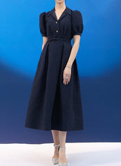 50's Lapel Collar Embossed Pattern Swing Dress in Black