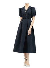 50's Lapel Collar Embossed Pattern Swing Dress in Black