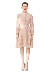 Stand-up Collar Embroidered Eyelet Knee-length Dress