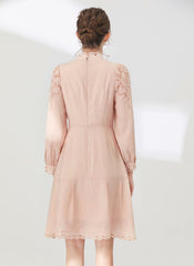 Stand-up Collar Embroidered Eyelet Knee-length Dress