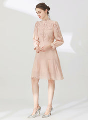 Stand-up Collar Embroidered Eyelet Knee-length Dress