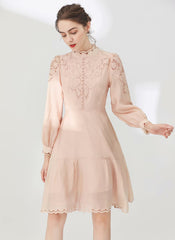 Stand-up Collar Embroidered Eyelet Knee-length Dress