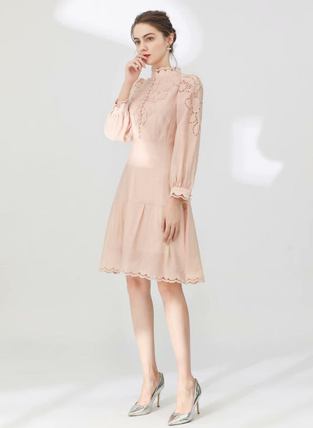 Stand-up Collar Embroidered Eyelet Knee-length Dress