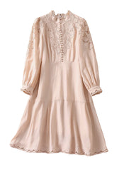 Stand-up Collar Embroidered Eyelet Knee-length Dress