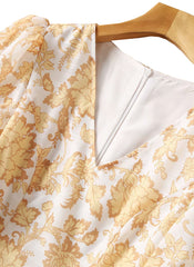 Floral Print V-neck Bubble Sleeve Silk Flared Dress