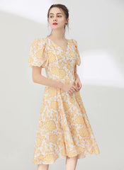 Floral Print V-neck Bubble Sleeve Silk Flared Dress