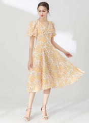 Floral Print V-neck Bubble Sleeve Silk Flared Dress