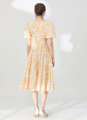 Floral Print V-neck Bubble Sleeve Silk Flared Dress