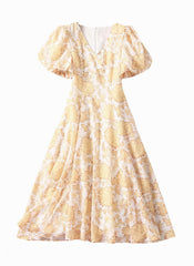 Floral Print V-neck Bubble Sleeve Silk Flared Dress