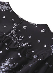 Ruffled Shoulder Black Wild Daisy Print Silk Dress