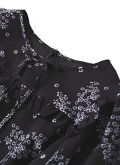 Ruffled Shoulder Black Wild Daisy Print Silk Dress