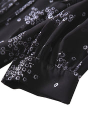 Ruffled Shoulder Black Wild Daisy Print Silk Dress
