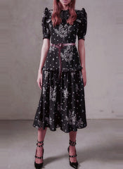 Ruffled Shoulder Black Wild Daisy Print Silk Dress