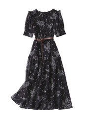 Ruffled Shoulder Black Wild Daisy Print Silk Dress