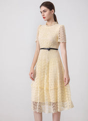 High-neck Puffy Lace-trimmed Midi Dress in Cream