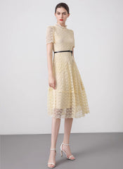 High-neck Puffy Lace-trimmed Midi Dress in Cream