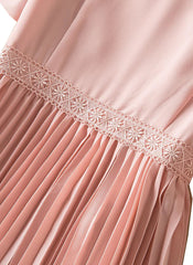 Tie-neck Embroidered Puffy Pleated Midi Dress in Pink