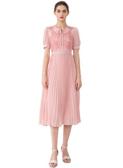 Tie-neck Embroidered Puffy Pleated Midi Dress in Pink