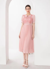 Tie-neck Embroidered Puffy Pleated Midi Dress in Pink