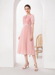 Tie-neck Embroidered Puffy Pleated Midi Dress in Pink