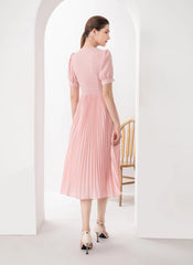 Tie-neck Embroidered Puffy Pleated Midi Dress in Pink