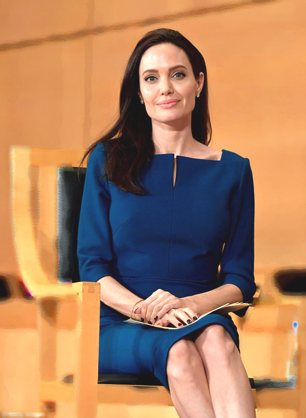 Angelina Jolie Elbow-Sleeve Split-Neck Sheath Dress in Navy – Celebrity  Designz