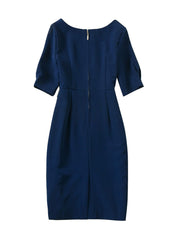 Angelina Jolie Elbow-Sleeve Split-Neck Sheath Dress in Navy