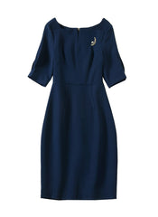 Angelina Jolie Elbow-Sleeve Split-Neck Sheath Dress in Navy