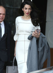 Amal Clooney Embellished Neck Pencil Skirt Dress in White