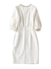 Amal Clooney Embellished Neck Pencil Skirt Dress in White