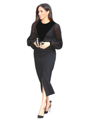 Meghan Black Sheer Balloon Sleeve Midi Dress