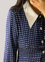 Sarah Navy Button-Down Polka Dot Midi Shirt Dress