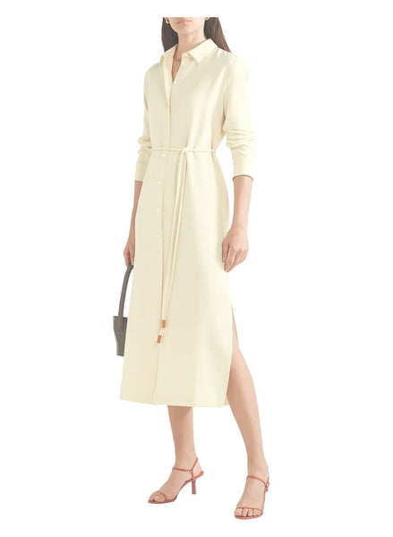 Meghan Self-belted Crepe Long Slit Shirt Dress in Cream