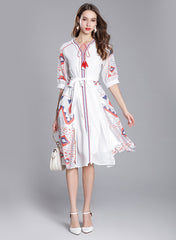 Mexican Embroidered Peasant Chiffon Midi Dress in White