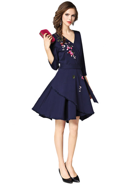 Floral Embroidered Wrap Midi Dress in Navy