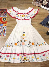 Off Shoulder Ruffle Floral Embroidered Dress in White