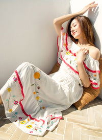 Off Shoulder Ruffle Floral Embroidered Dress in White