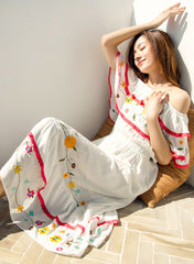 Off Shoulder Ruffle Floral Embroidered Dress in White