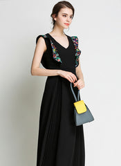 Naomi Floral Embroidered Plunging Neck Calf-length Dress