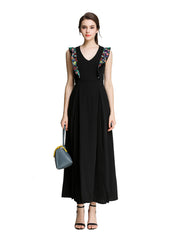 Naomi Floral Embroidered Plunging Neck Calf-length Dress