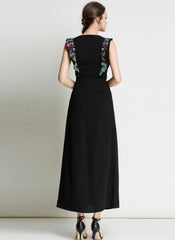 Naomi Floral Embroidered Plunging Neck Calf-length Dress