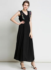 Naomi Floral Embroidered Plunging Neck Calf-length Dress