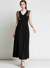 Naomi Floral Embroidered Plunging Neck Calf-length Dress